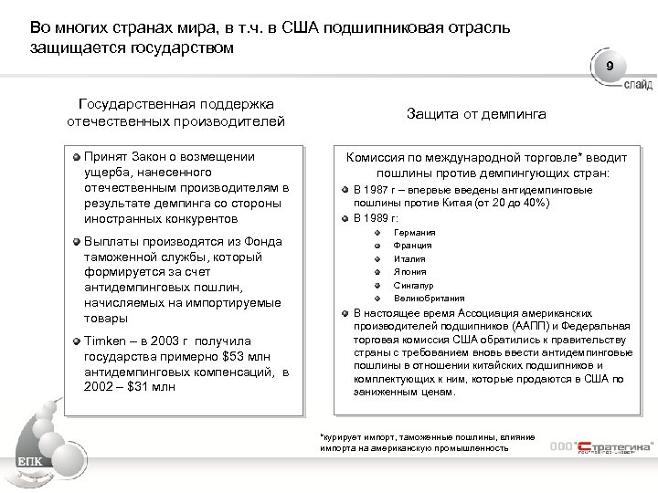 Во многих странах мира, в т. ч. в США подшипниковая отрасль защищается государством 9