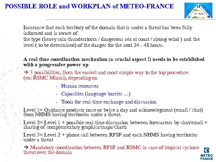 POSSIBLE ROLE and WORKPLAN of METEO-FRANCE Insurance that each territory of the domain that