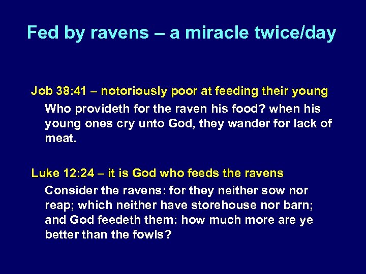 Fed by ravens – a miracle twice/day Job 38: 41 – notoriously poor at