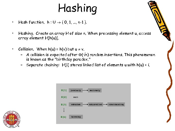 Hashing • Hash function. h : U { 0, 1, …, n-1 }. •