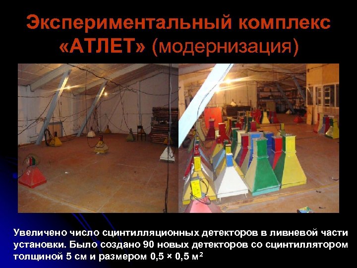 Экспериментальный комплекс «АТЛЕТ» (модернизация) Увеличено число сцинтилляционных детекторов в ливневой части установки. Было создано