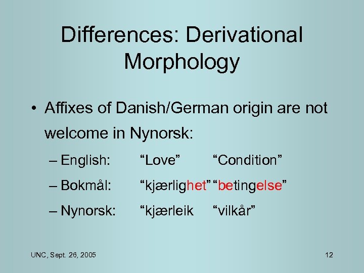 Differences: Derivational Morphology • Affixes of Danish/German origin are not welcome in Nynorsk: –