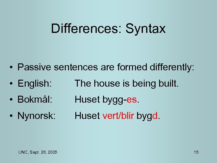 Differences: Syntax • Passive sentences are formed differently: • English: The house is being