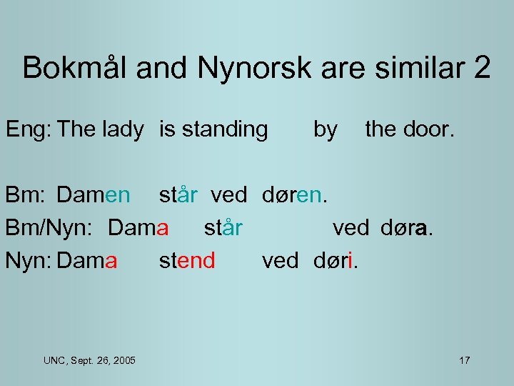 Bokmål and Nynorsk are similar 2 Eng: The lady is standing by the door.