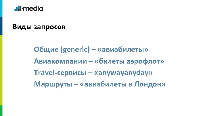 Виды запросов Общие (generic) – «авиабилеты» Авиакомпании – «билеты аэрофлот» Travel-сервисы – «anywayanyday» Маршруты