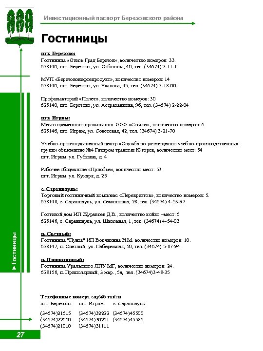 Инвестиционный паспорт Березовского района Гостиницы пгт. Березово: Гостиница «Отель Град Березов» , количество номеров: