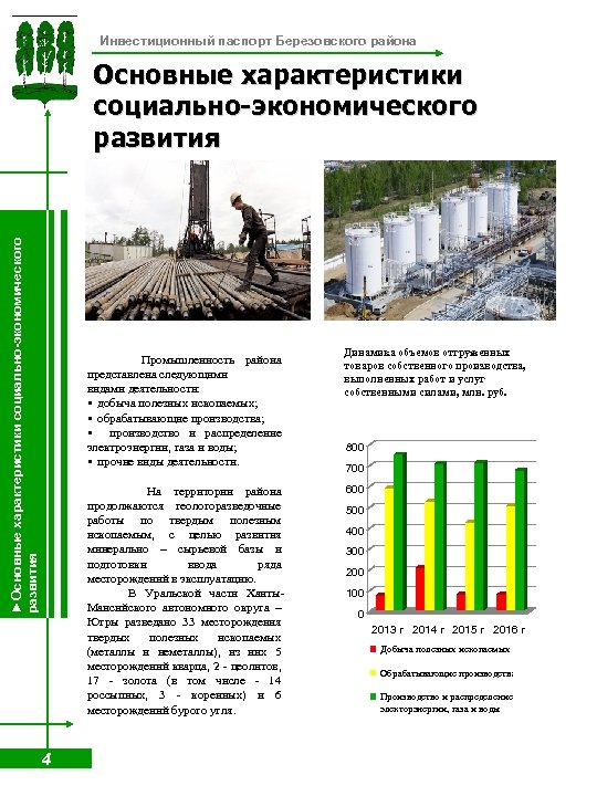 Инвестиционный паспорт Березовского района ►Основные характеристики социально-экономического развития Промышленность района представлена следующими видами деятельности: