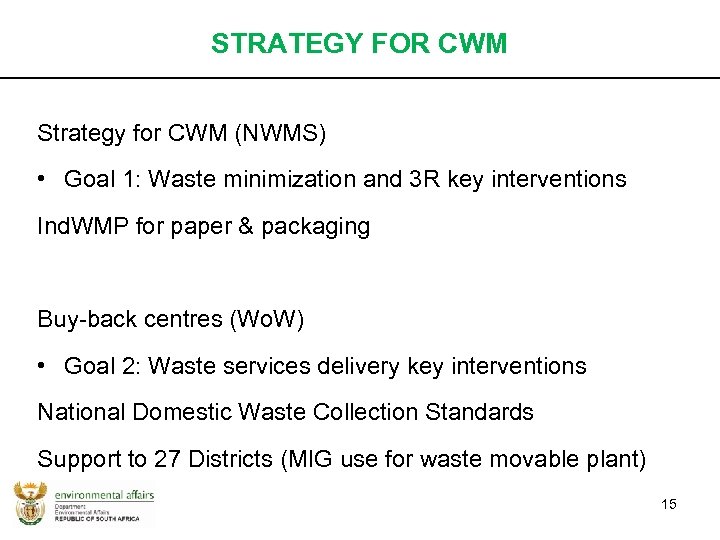 STRATEGY FOR CWM Strategy for CWM (NWMS) • Goal 1: Waste minimization and 3