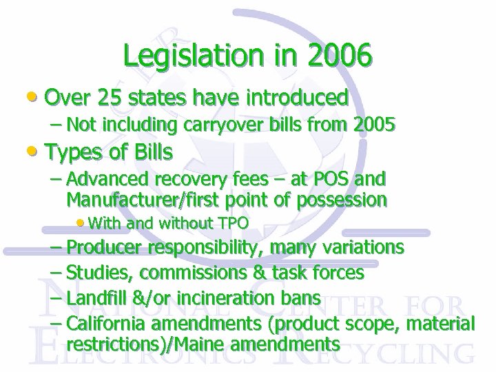 Legislation in 2006 • Over 25 states have introduced – Not including carryover bills
