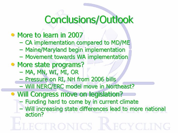 Conclusions/Outlook • More to learn in 2007 – CA implementation compared to MD/ME –