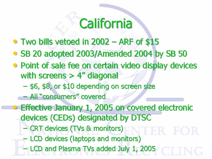 California • Two bills vetoed in 2002 – ARF of $15 • SB 20