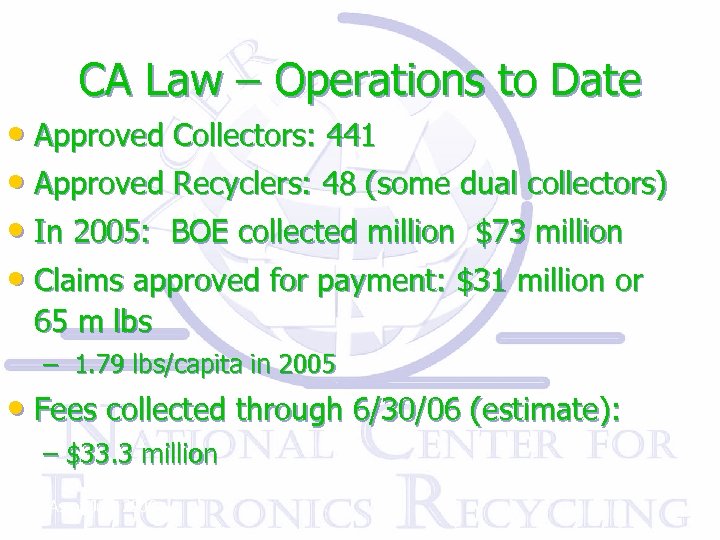 CA Law – Operations to Date • Approved Collectors: 441 • Approved Recyclers: 48