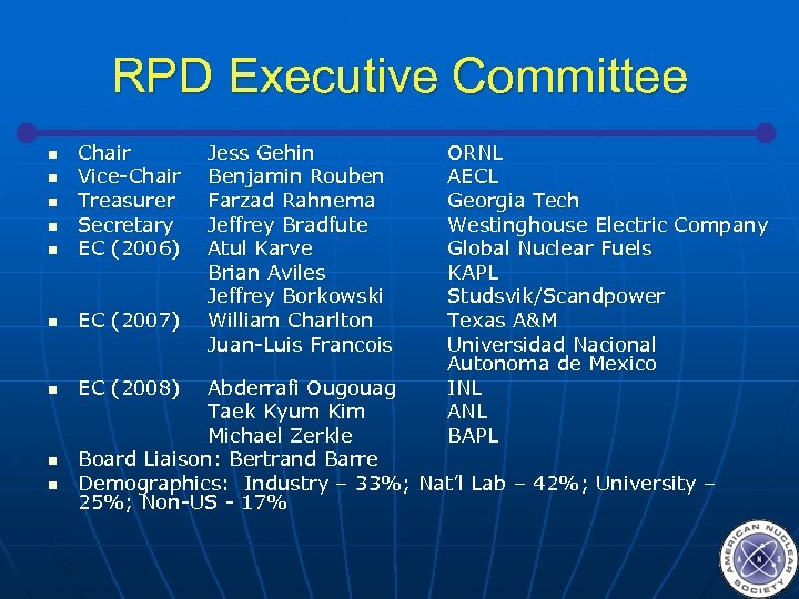 RPD Executive Committee n Chair Vice-Chair Treasurer Secretary EC (2006) n EC (2007) n