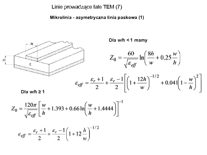Linie prowadzące fale TEM (7) Mikrolinia - asymetryczna linia paskowa (1) Dla w/h <