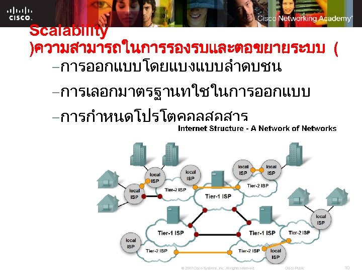 Scalability )ความสามารถในการรองรบและตอขยายระบบ ( –การออกแบบโดยแบงแบบลำดบชน –การเลอกมาตรฐานทใชในการออกแบบ –การกำหนดโปรโตคอลสอสาร © 2007 Cisco Systems, Inc. All rights reserved.