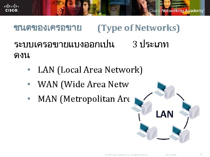 ชนดของเครอขาย (Type of Networks) ระบบเครอขายแบงออกเปน ดงน 3 ประเภท • LAN (Local Area Network) •