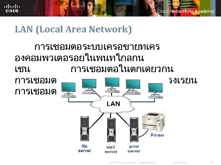LAN (Local Area Network) การเชอมตอระบบเครอขายทเคร องคอมพวเตอรอยในพนทใกลกน เชน การเชอมตอในตกเดยวกน การเชอมตอในมหาวทยาลย , โรงเรยน การเชอมตอในหนวยงานตางๆ © 2007