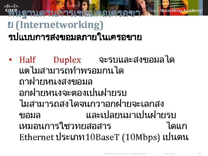 พนฐานดานการเชอมตอเครอขา ย (Internetworking) รปแบบการสงขอมลภายในเครอขาย • Half Duplex จะรบและสงขอมลได แตไมสามารถทำพรอมกนได ถาฝายหนงสงขอมล อกฝายหนงจะตองเปนฝายรบ ไมสามารถสงไดจนกวาอกฝายจะเลกสง ขอมล และเปลยนมาเปนฝายรบ
