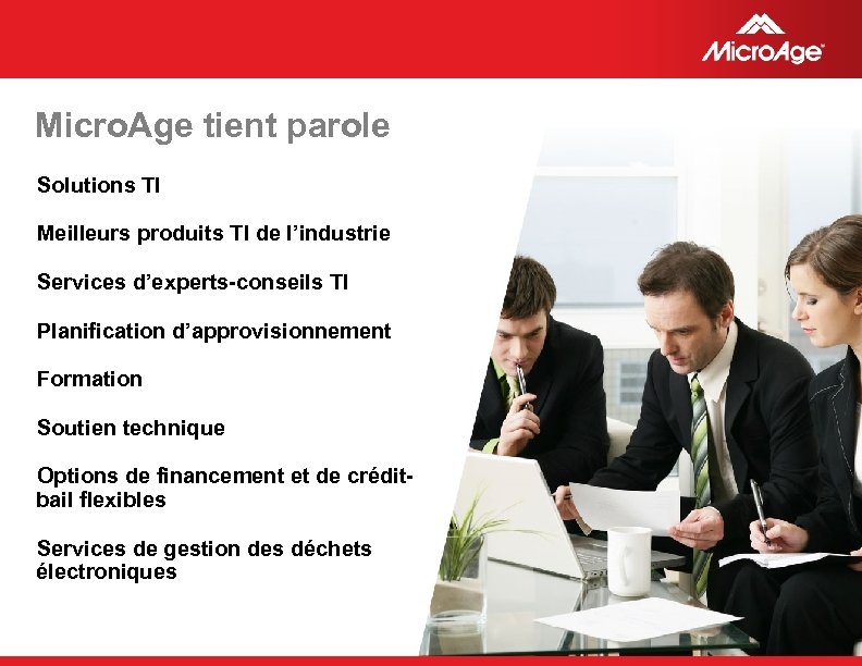 Micro. Age tient parole Solutions TI Meilleurs produits TI de l’industrie Services d’experts-conseils TI