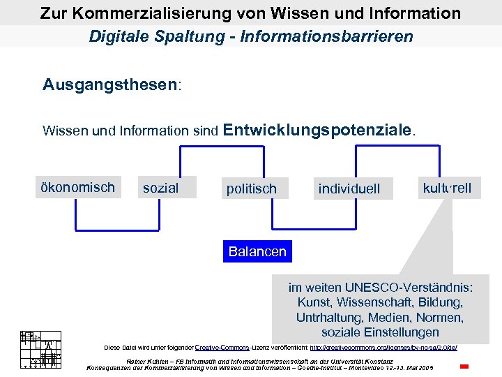 Zur Kommerzialisierung von Wissen und Information Digitale Spaltung - Informationsbarrieren Ausgangsthesen: Wissen und Information