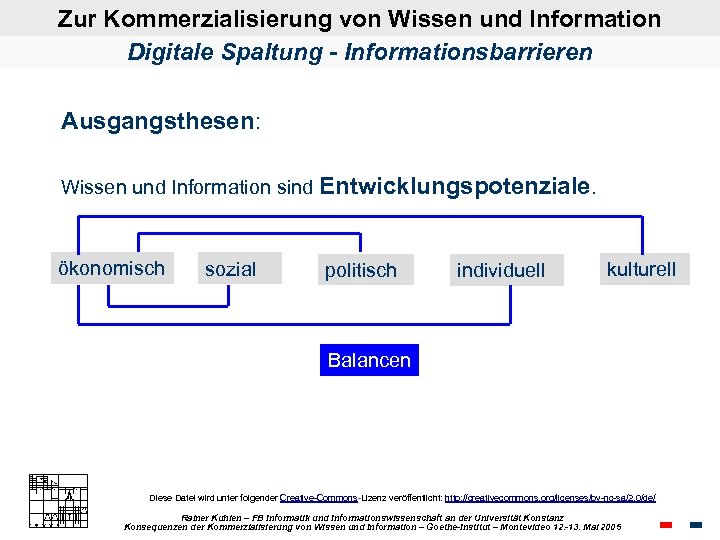 Zur Kommerzialisierung von Wissen und Information Digitale Spaltung - Informationsbarrieren Ausgangsthesen: Wissen und Information