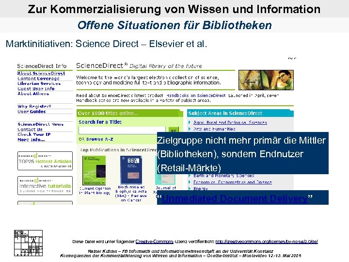 Zur Kommerzialisierung von Wissen und Information Offene Situationen für Bibliotheken Marktinitiativen: Science Direct –