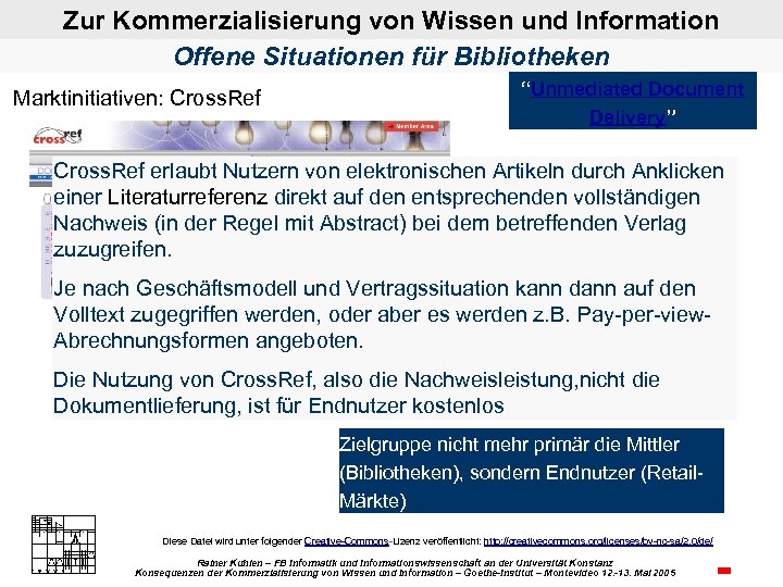 Zur Kommerzialisierung von Wissen und Information Offene Situationen für Bibliotheken Marktinitiativen: Cross. Ref “Unmediated