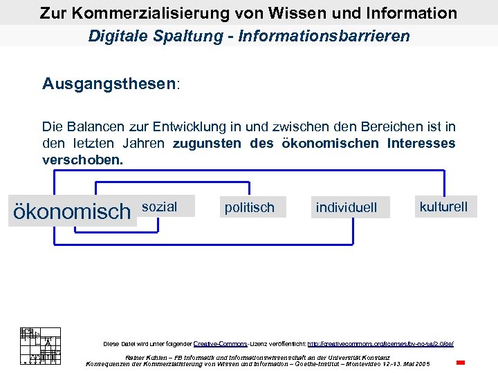 Zur Kommerzialisierung von Wissen und Information Digitale Spaltung - Informationsbarrieren Ausgangsthesen: Die Balancen zur