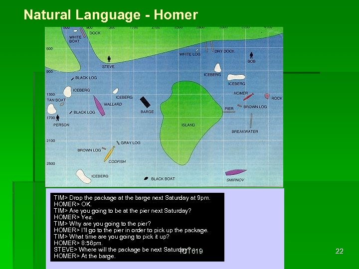 Natural Language - Homer TIM> Drop the package at the barge next Saturday at