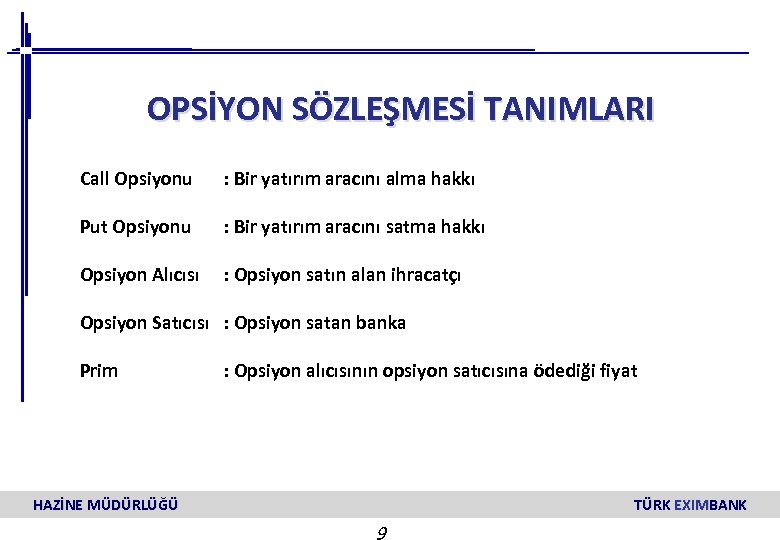 OPSİYON SÖZLEŞMESİ TANIMLARI Call Opsiyonu : Bir yatırım aracını alma hakkı Put Opsiyonu :
