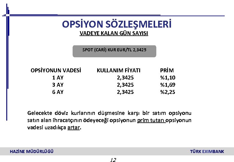 OPSİYON SÖZLEŞMELERİ VADEYE KALAN GÜN SAYISI SPOT (CARİ) KUR EUR/TL 2, 3425 OPSİYONUN VADESİ