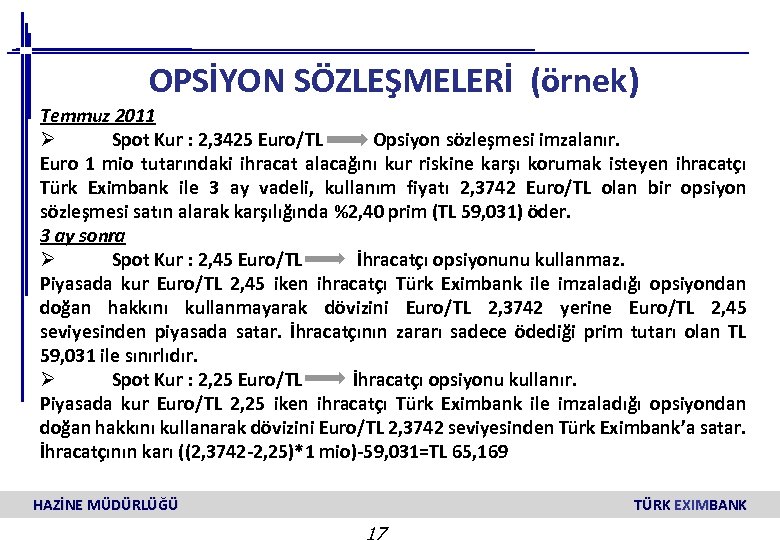  OPSİYON SÖZLEŞMELERİ (örnek) Temmuz 2011 Ø Spot Kur : 2, 3425 Euro/TL Opsiyon