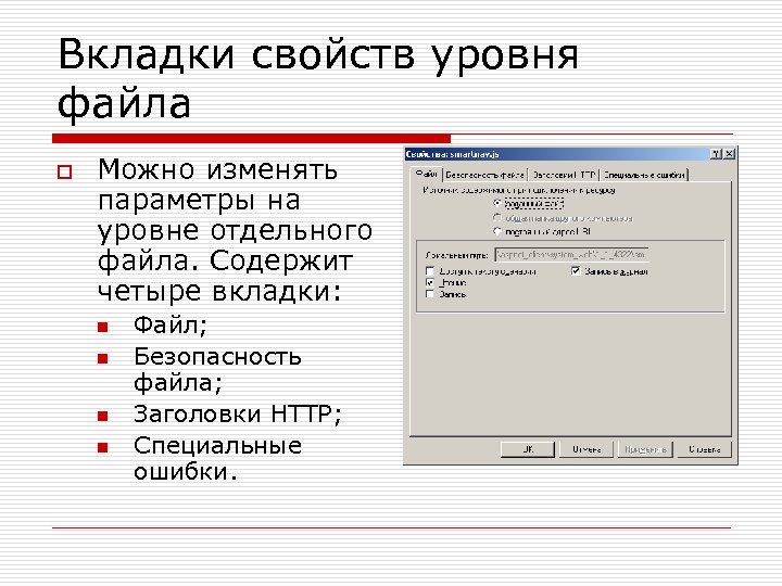 Специальные ошибки. Вкладка свойства. Характеристика вкладок. Безопасность файлов. Свойства уровней.