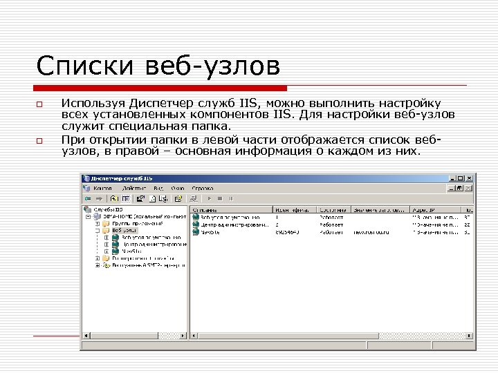 Списки веб-узлов o o Используя Диспетчер служб IIS, можно выполнить настройку всех установленных компонентов