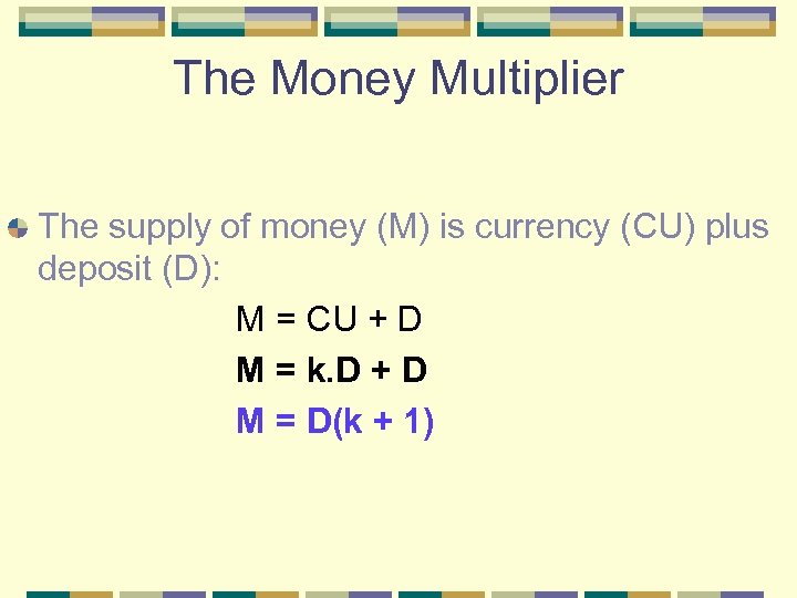 The Money Multiplier The supply of money (M) is currency (CU) plus deposit (D):