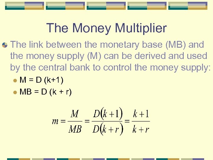 The Money Multiplier The link between the monetary base (MB) and the money supply