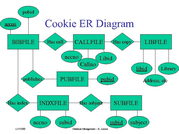 pubid Cookie ER Diagram accno BIBFILE CALLFILE Has call accno Callno publishes Has index