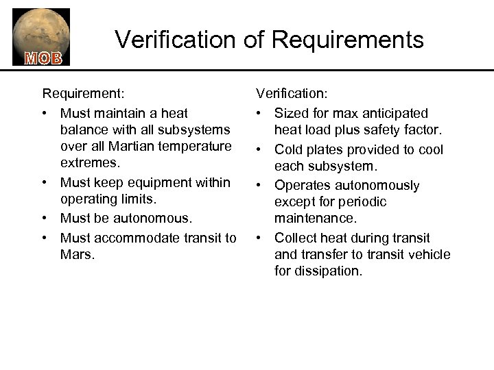 Verification of Requirements Requirement: • Must maintain a heat balance with all subsystems over