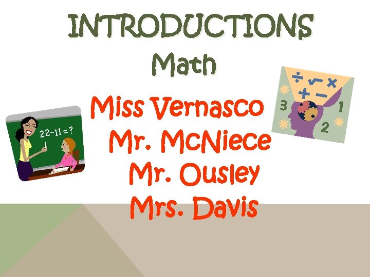 INTRODUCTIONS Math Miss Vernasco Mr. Mc. Niece Mr. Ousley Mrs. Davis 