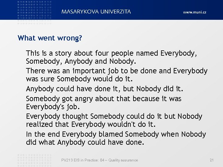 What went wrong? This is a story about four people named Everybody, Somebody, Anybody