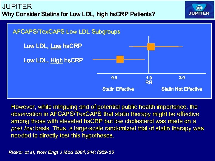 JUPITER Why Consider Statins for Low LDL, high hs. CRP Patients? AFCAPS/Tex. CAPS Low