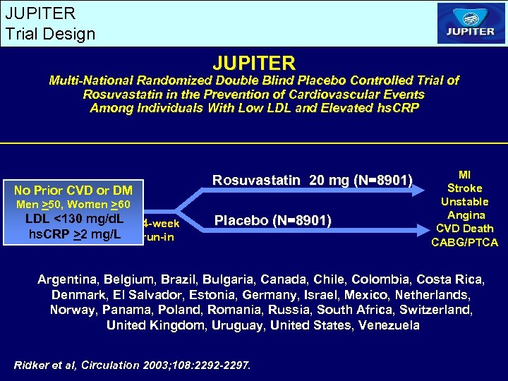 JUPITER Trial Design JUPITER Multi-National Randomized Double Blind Placebo Controlled Trial of Rosuvastatin in