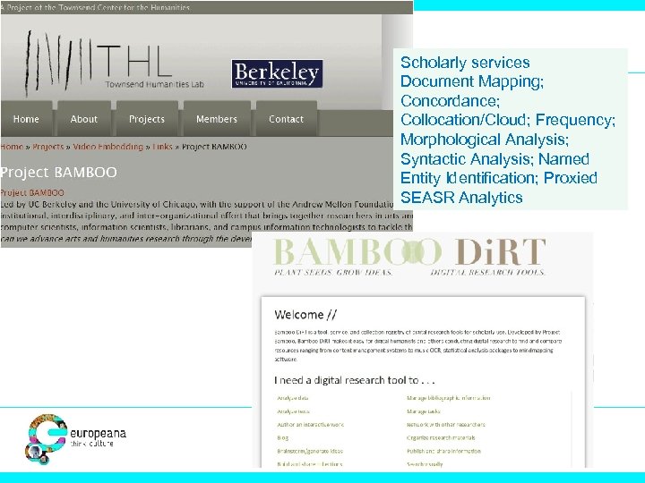 Scholarly services Document Mapping; Concordance; Collocation/Cloud; Frequency; Morphological Analysis; Syntactic Analysis; Named Entity Identification;