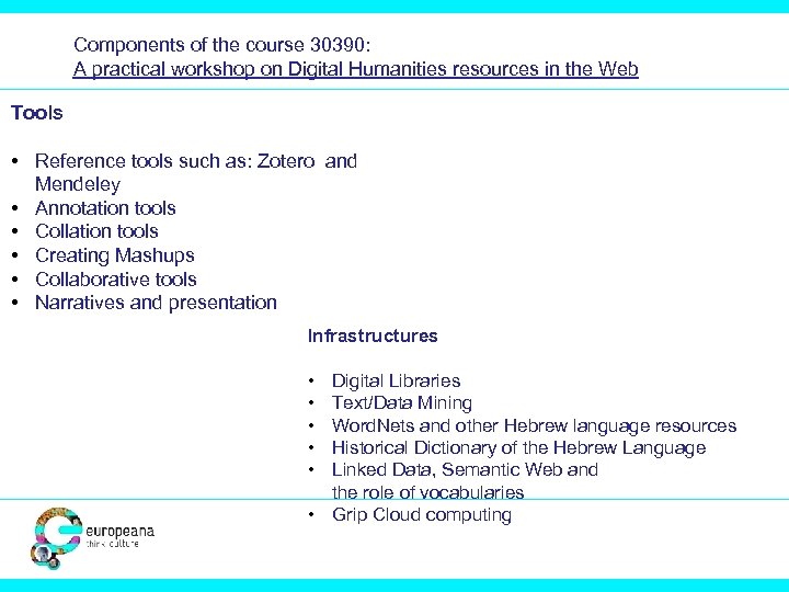 Components of the course 30390: A practical workshop on Digital Humanities resources in the