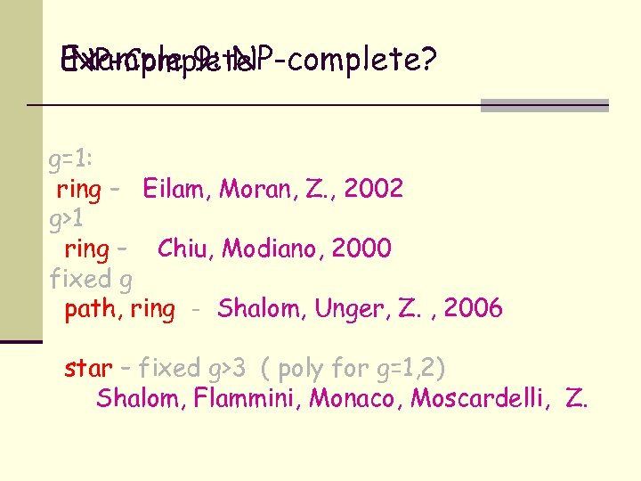 Example 9: NP-complete? NP-Complete g=1: ring – Eilam, Moran, Z. , 2002 g>1 ring