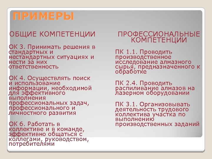 ПРИМЕРЫ ОБЩИЕ КОМПЕТЕНЦИИ ОК 3. Принимать решения в стандартных и нестандартных ситуациях и нести