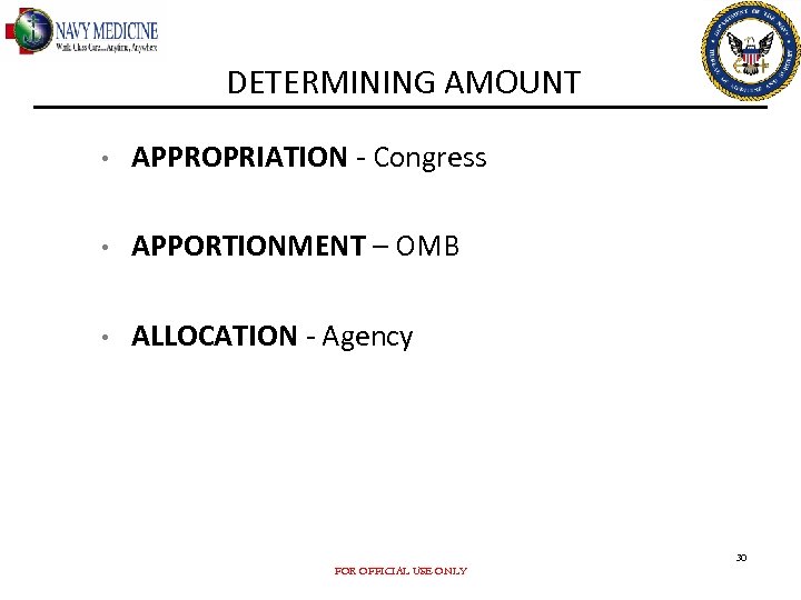 DETERMINING AMOUNT • APPROPRIATION - Congress • APPORTIONMENT – OMB • ALLOCATION - Agency