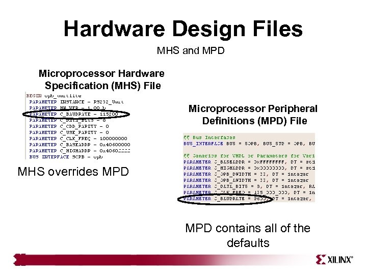 Hardware Design Files MHS and MPD Microprocessor Hardware Specification (MHS) File Microprocessor Peripheral Definitions