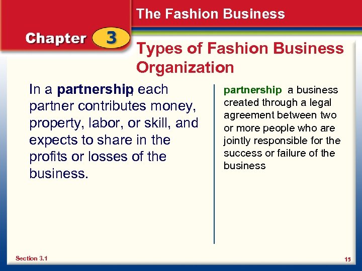 The Fashion Business Types of Fashion Business Organization In a partnership each , partner