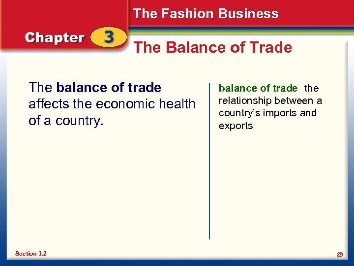 The Fashion Business The Balance of Trade The balance of trade affects the economic